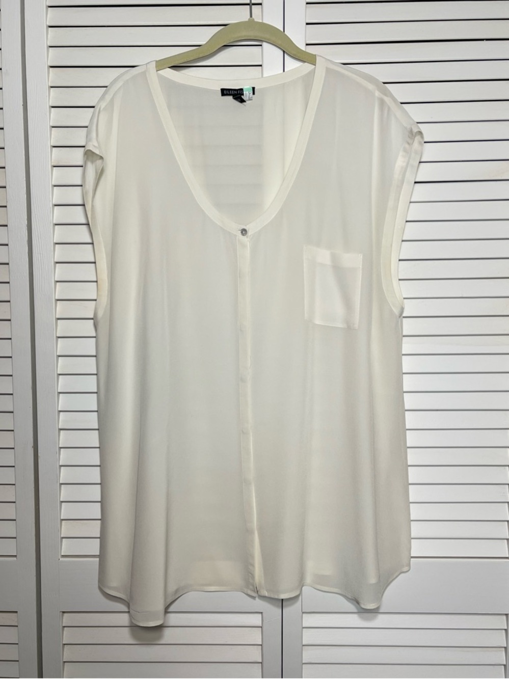 Eileen Fisher Blouse 100% Silk Chiffon Button Down Top Ivory Sleeveless Size XL